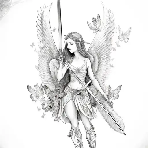 Angel Holding A Sword With Butterflies A Cancer Ribbon And Feathers