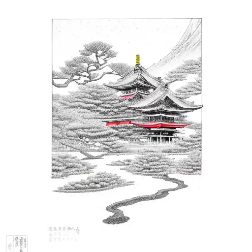 Red Japanese Temple With Pink Peach Trees And Blue Dragon