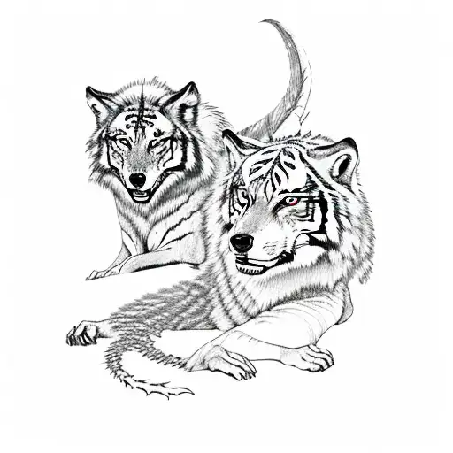 Wolf Tiger And Dragon Lie Side By Side