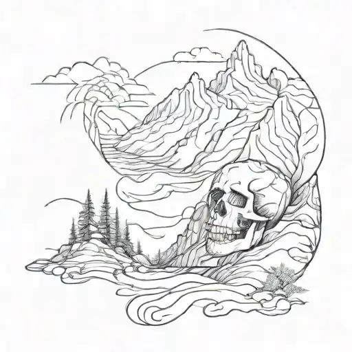 Mountain Range With A Winding River Flowing With Skull