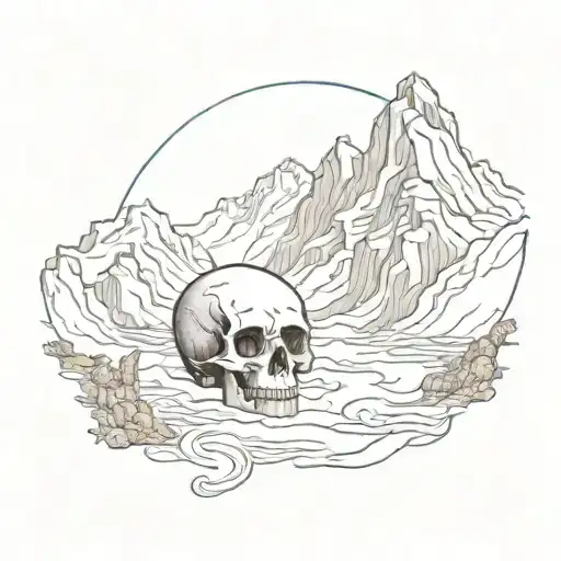 Mountain Range With A Winding River Flowing With Tibetan Skull
