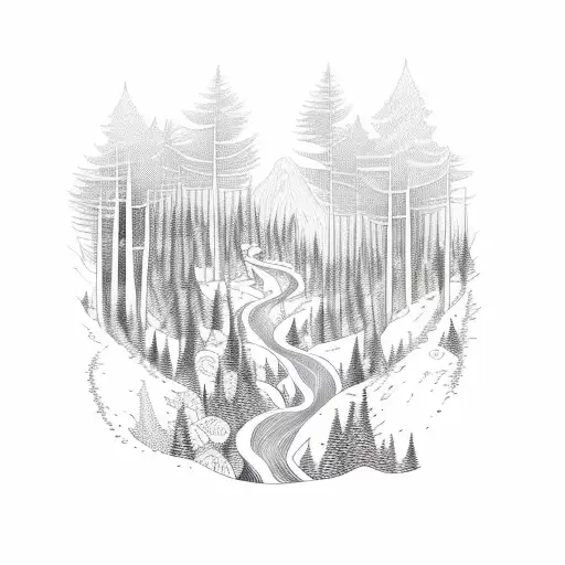 An Intricate Dotwork Design Depicting A Winding Forest Trail Leading To A Hidden Lake