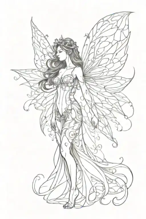 Detailed Outline Of A Standing Woman's Body With Fairy Wings Spread Out