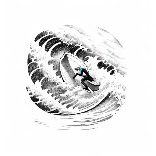 A Sketch-style Tattoo Of A Surfer Riding A Massive Wave In The Midst Of A Mountain Landscape