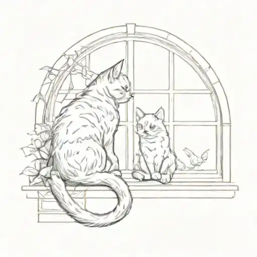 Cat Sat At A Window With An Arch Watching The Birds Flying Outside