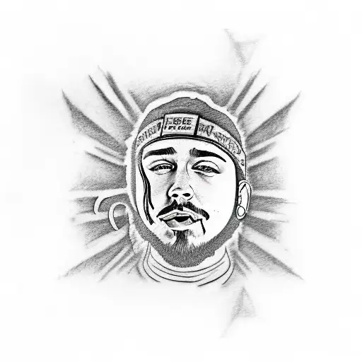 A Tattoo Of Post Malone's Face With Lyrics From His Songs Incorporated Into The Background