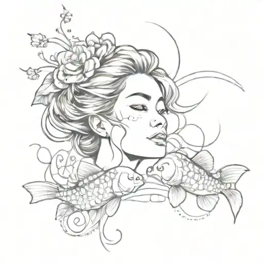 Line Art Of A Womans Face Leading Into Two Koi Fish