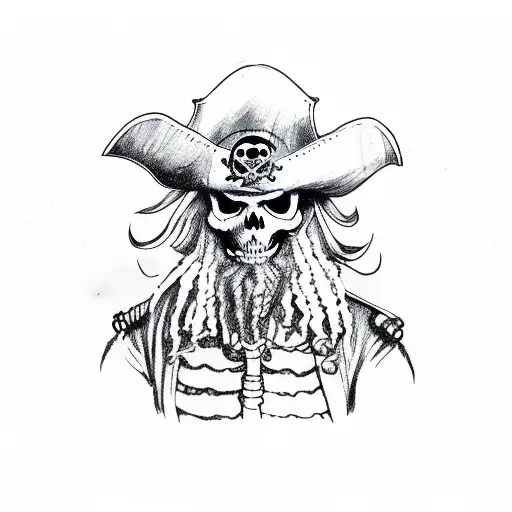Skeleton Pirate With Large Black Beard And Long Curly Hair Wearing A Tricorn And Drinking Rum