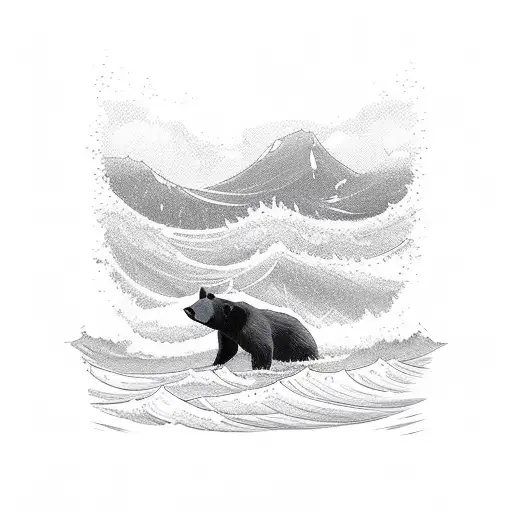 Black Bear On Lake With Waves
