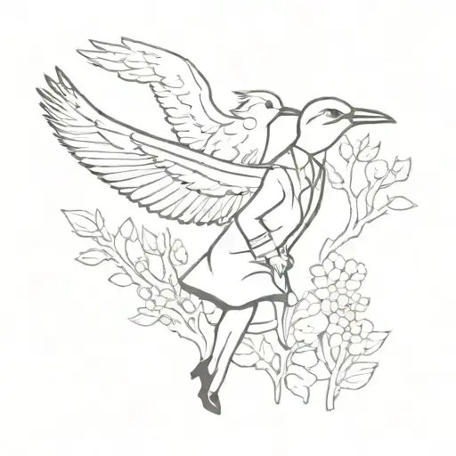 A Sketch Style Tattoo Of A Flight Attendant Symbolized By A Bird Flying Over A Forest