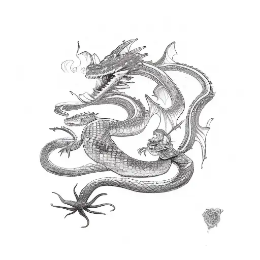 A Mermaid Holding A Snake In One Hand And A Dragon In The Other