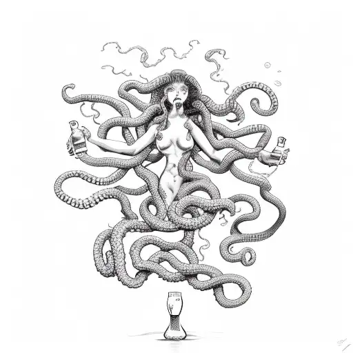 Medusa Holding A Beer Bottle With Snake-shaped Waves Crashing On The Beach