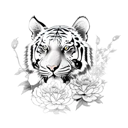 Tiger With Peony Flowers