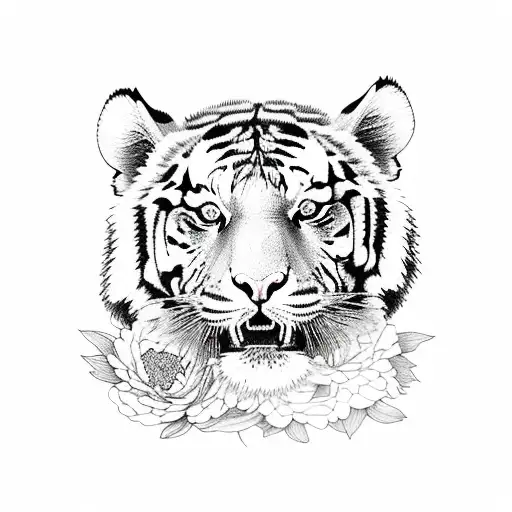 Tiger Surrounded By Peony Flowers