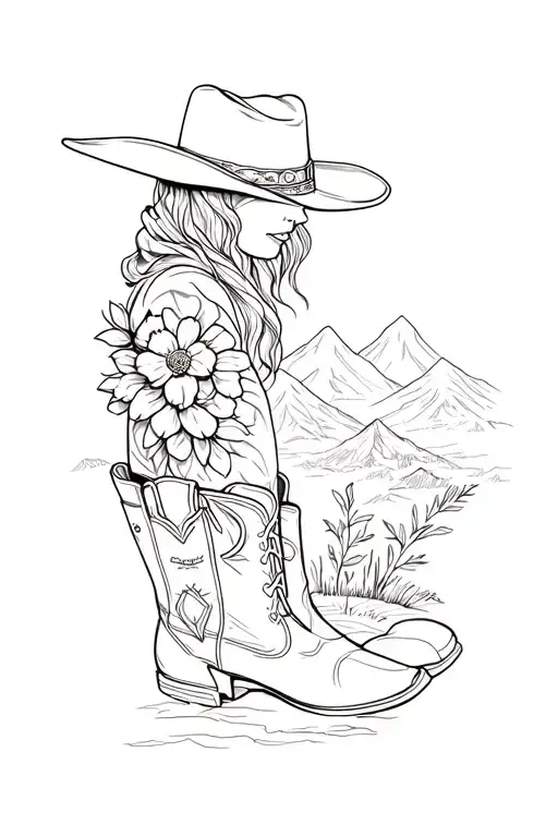 Flower Sleeve And Mountains And Country Cowboy Hat And Boots
