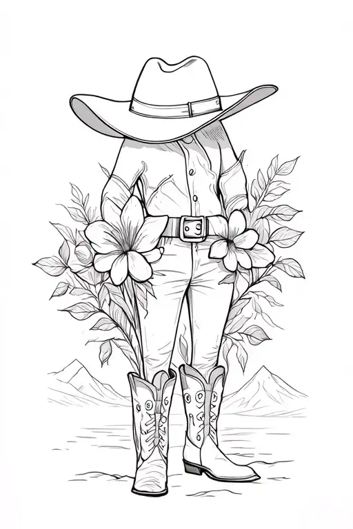 Flower Sleeve And Mountains And Country Cowboy Hat And Boots