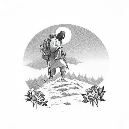 A Hiking Trail Leading To A Sketchy Silhouette Of Jesus Surrounded By Roses