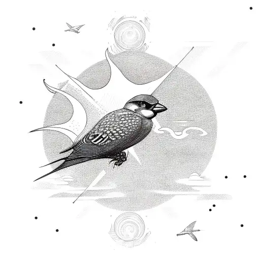 Flying Sparrow Above Sea And Behind Is Sun