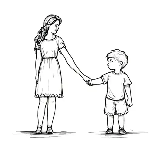 Mom And Little Boy Holding Hands Coming Together