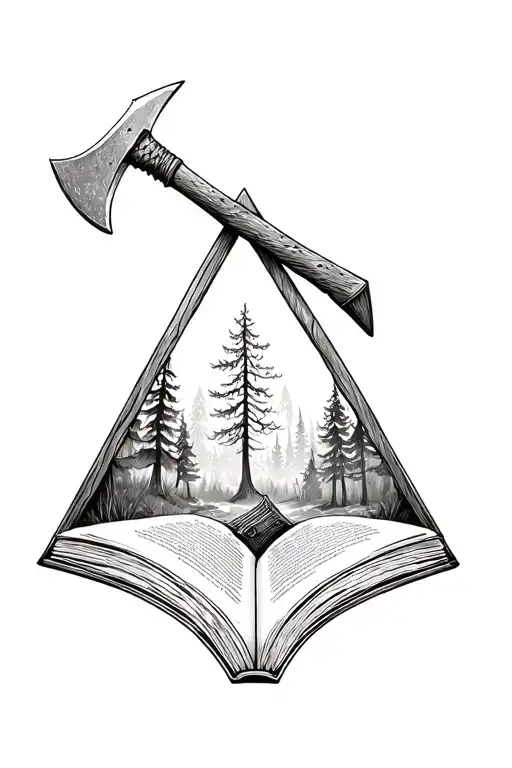 Open Book Infront Of Forest With Axe Inside Triangle