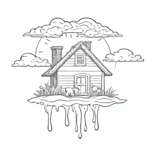 A Little House With Sun And Storms And Two Little Dog Paws On The Side Of The House