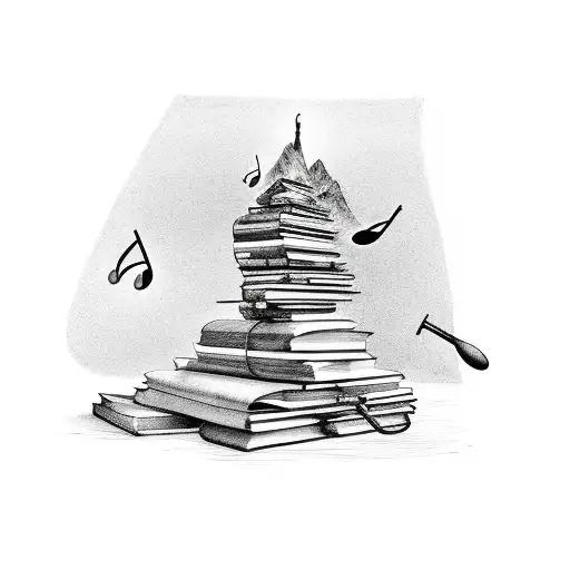 A Stack Of Books Forming A Mountain Range With Musical Notes Floating Above
