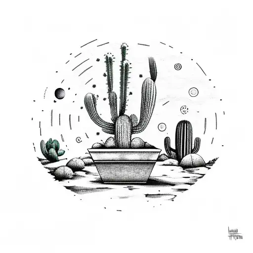Cactus In A Square Pot With A Moon In The Background