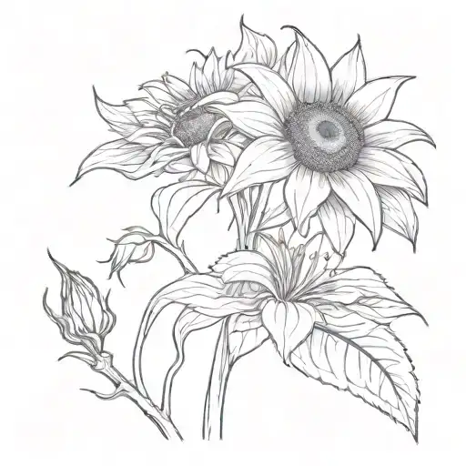 Sunflower And Red Spider Lily With Snake Wrapped Around With Flower Buds And Leafs