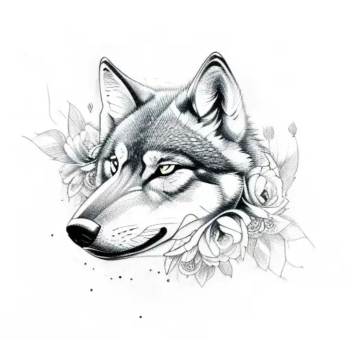 A Sketch-style Tattoo Of A Wolf Face Surrounded By Flowers