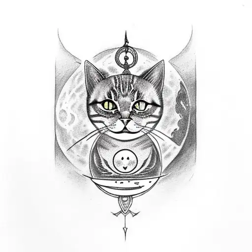 An Occult-themed Tattoo Of A Cat With Mystical Symbols And A Moonlit Skyscraper Background