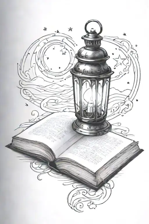 Lantern Shining On Open Book Open In Front With Crescent Moon