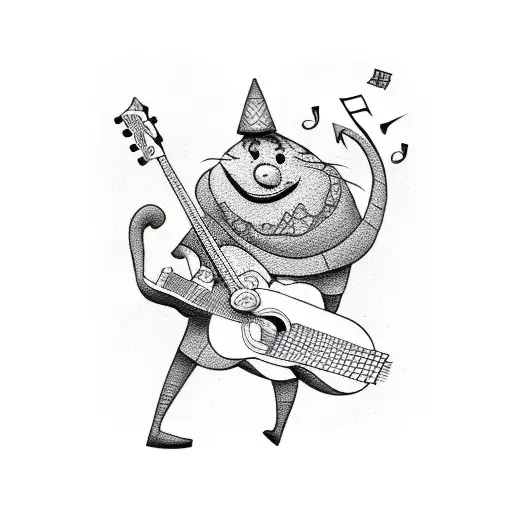 A Dotwork Tattoo Of A Cartoon Character Playing A Guitar