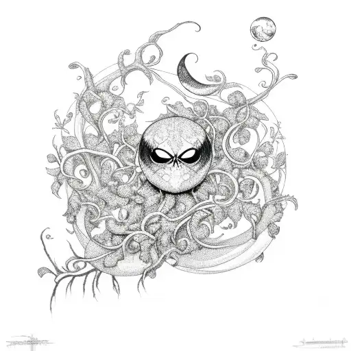 Moon And Flowery Vine With Spider Webs