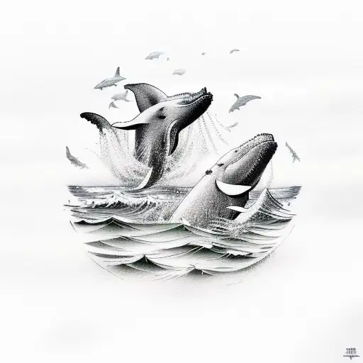 A Traditional Style Tattoo Of A Serene Ocean Scene With Whales Swimming Gracefully