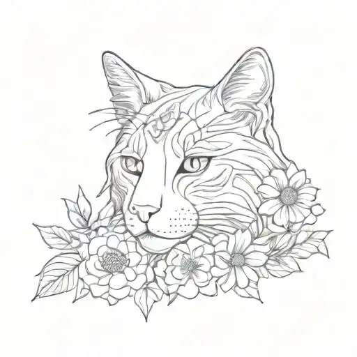 Outline Mane Come Cat With Flowers