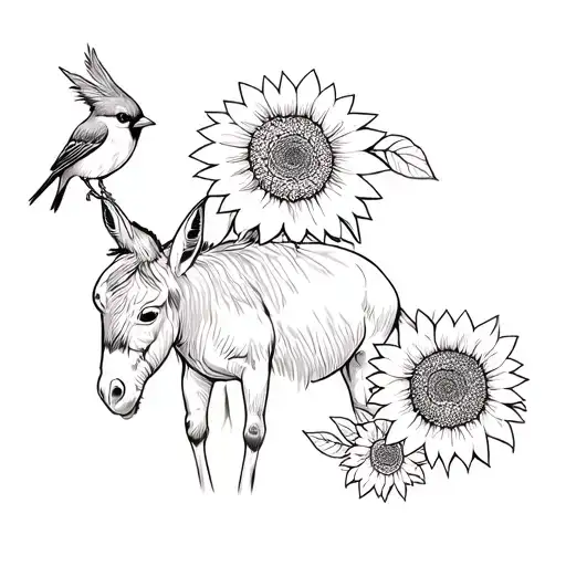 Donkey Sunflowers And Cardinal Perched