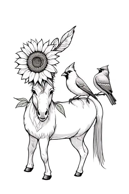 Donkey Sunflowers And Cardinal Perched