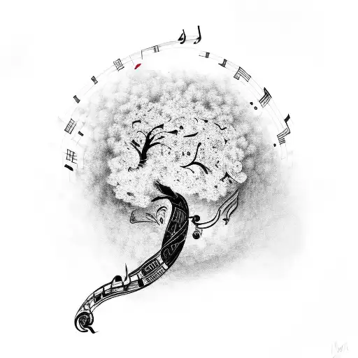 A Flowering Tree With A Music Note And A Flame