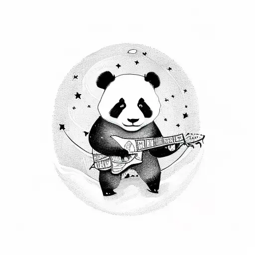 A Panda Playing A Guitar Under A Starry Night Sky