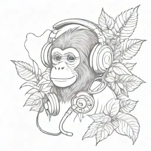 Cute Little Monkey With Headphones Listening To Music Surrounded By Plants