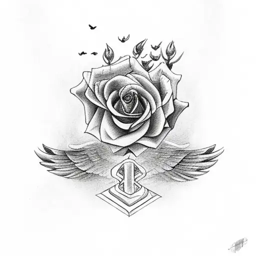 Cross With Wings And Rose Saying Rip In The Middle
