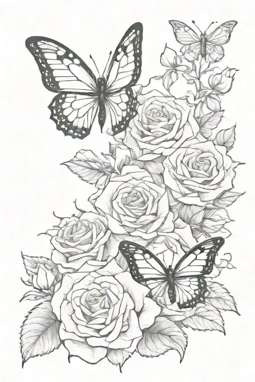 Butterfly And Roses And Clouds In Black