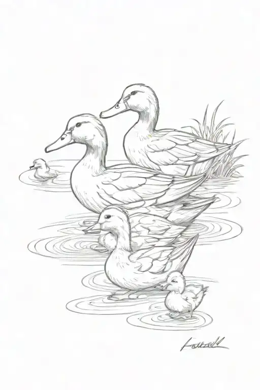 One Duck And Two Ducklings Following Their Mother