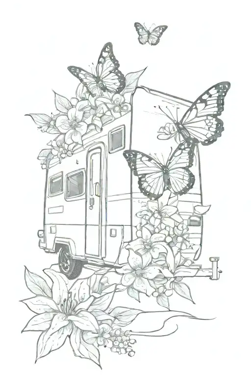 Camper With Lily And Butterfly Minimal