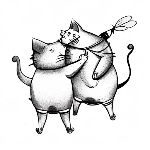 Cat And Pig Hugging With A Bee