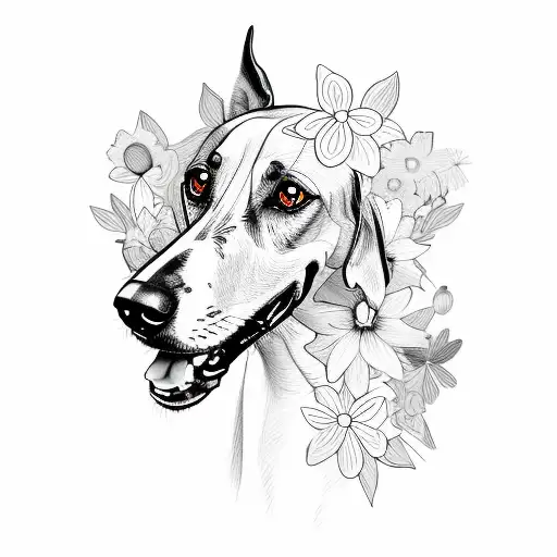 A Sketch Of A Galgo Dog Surrounded By Flowers With 22 Petals