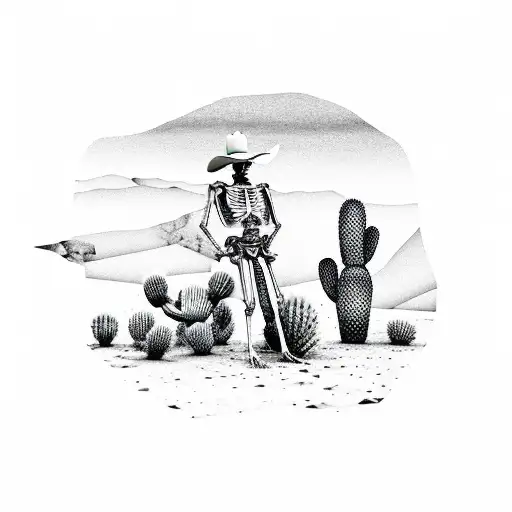 Desert Skeleton Cowboy Smoking At Night Leaned Against Cactus