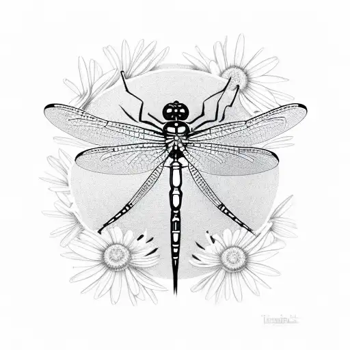 Dragonfly With Daisies Or Sweatpea Flowers