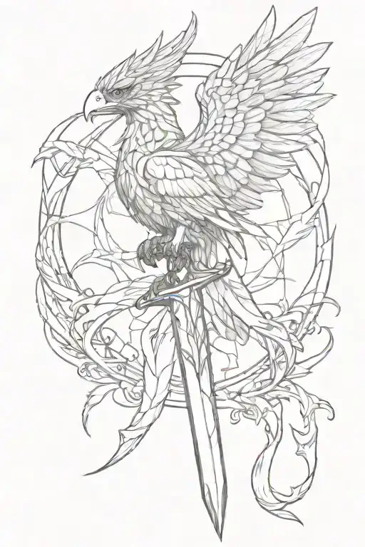 Shattered Sword With Pheonix Perched At Hilt With Tail Feather Holding Pieces In Place
