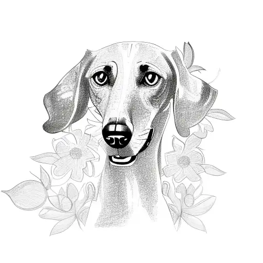 A Sketch Of A Galgo Dog Surrounded By Flowers With 22 Petals